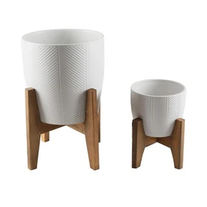 Mid-Century 10" & 6.6" Chevron Ceramic planter on Stand SET White - Picture 1 of 2