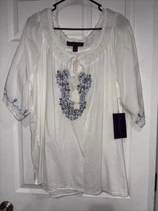 GLORIA VANDERBILT WOMEN'S TOP EMBROIDERED PEASANT BOHEMIAN SHORT PUFF SLEEVES 3X - Picture 1 of 6