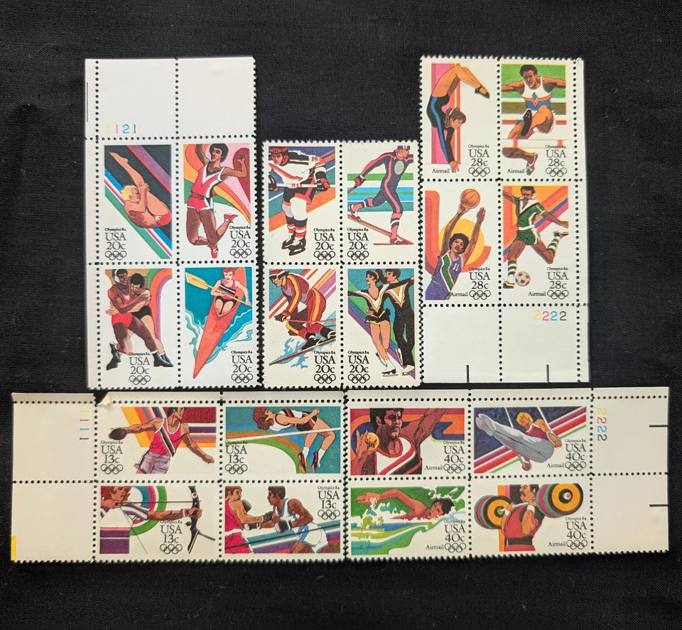 1984 Summer Olympics 5 Block Of 4 Stamps (20 Total): 13c, 20c, 28c, 40c - Image 1 of 4