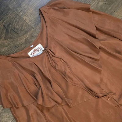 Blusa vintage años 80 para mujer 100 % seda marrón mangas dolman volante al hombro 1X Foto 1 de 4