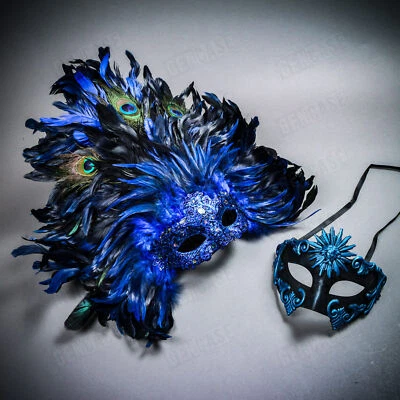 Venetian Couple Party Men Warrior Eye Mask & Women Top Feather Blue Costume Mask - Image 1 of 3
