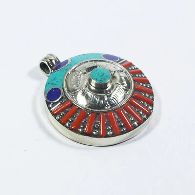 Colgante de plata tibetana coral turquesa lapislázuli hecho a mano redondo amuleto joyería Foto 1 de 4