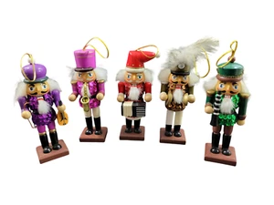 Set/5 Wood Nutcracker Musicians Christmas Tree Ornaments Multicolor Sequins 5" - Picture 1 of 9