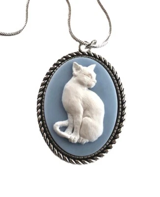 Collar colgante camafeo azul madera cuña gato vintage, cadena de plata de ley 925 Foto 1 de 3