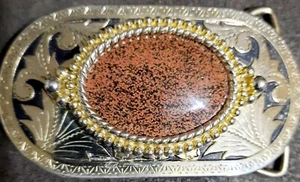 Western Style Vintage Belt Buckle~1970s Goldtone with Brown Jasper Cab 2x3.5 - Picture 1 of 6