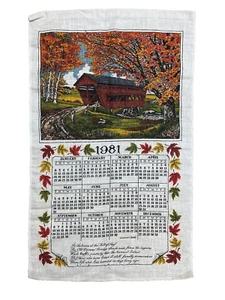 Leinen Kalender Geschirrtuch Küche Wandbehang 1981 rot überdachter Steg Herbst - Bild 1 von 7