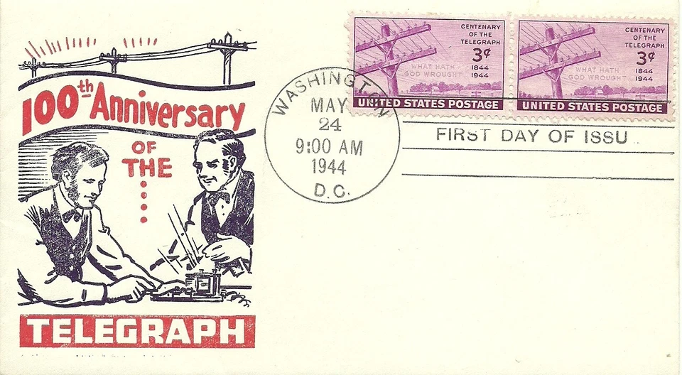 FDC 924 - 3¢ Telegraph Centenary - 5/24/1944 - Poppenger - Washington, DC - Image 1 of 1