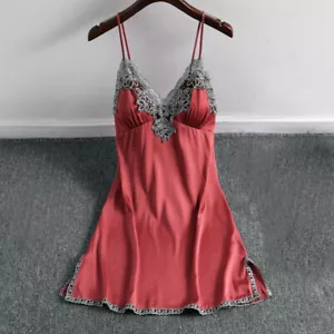 Lady Satin Mini Dress Sleepwear Nightgown Sleeveless Nightwear Lace Chemise - Picture 1 of 20