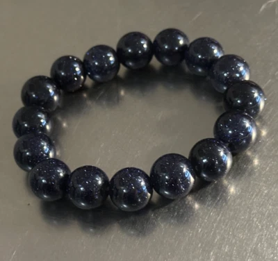 Pulseira elástica com miçangas de pedra dourada azul arenito arredondado 6 polegadas - Imagem 1 de 4