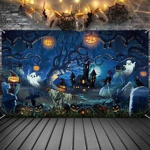 Halloween Decoration Backdrop Spooky Forest Scary Cemetery Horror Pumpkins Gr... - Picture 1 of 7