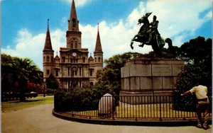 Vintage New Orleans LA Postkarte Kathedrale Andrew Jackson Denkmal Lafayette Park - Bild 1 von 3