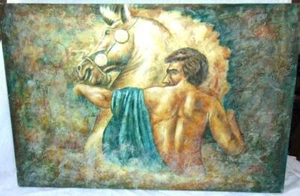 Painting on Canvas Angel Man Horse in Clouds 36x 24" Signed P Taylor Mystery Art - Picture 1 of 8