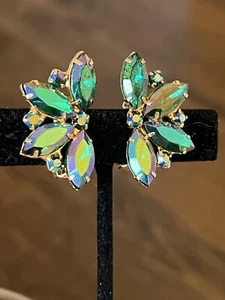 Vintage Julian Aurora Borealis Rhinestone Earrings Purple Green Half Flower - Picture 1 of 7