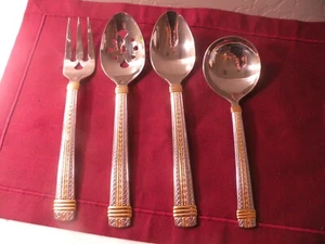 4 Serving Pieces Mikasa PALATIAL 18/8 Stainless Gold Accent Solid Spoon Pierced - Picture 1 of 7