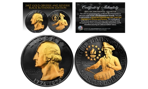 1976 BLACK RUTHENIUM Bicentennial US Quarter Coin w/ 24K GOLD features 2-Sided Cover