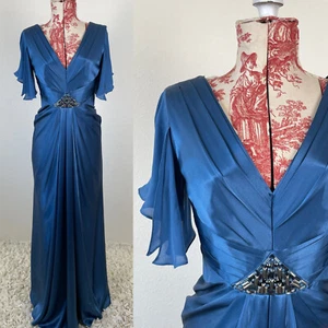 Marc Bouwer Glamit BLUE SILK MAXI DRESS Flutter Sheer Sleeve Embellished 2 $700 - Picture 1 of 21