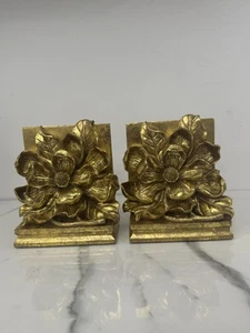 VINTAGE 1995 CBK LTD PAIR OF GOLD MAGNOLIA BLOSSOM HEAVY RESIN BOOK ENDS - Picture 1 of 11