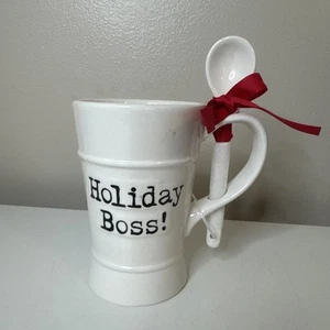 Holiday Time HOLIDAY BOSS EARTHENWARE COFFEE MUG w/SPOON New - Picture 1 of 4
