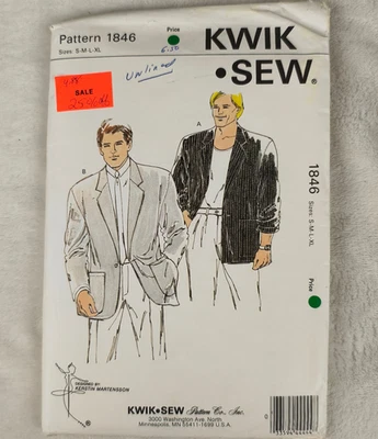 VTG 80s Kwik Sew Pattern 1846 Men's Jacket Blazer Sport Coat S M L XL Uncut - Image 1 of 3