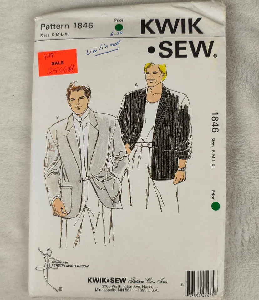 VTG 80s Kwik Sew Pattern 1846 Men's Jacket Blazer Sport Coat S M L XL Uncut - Image 1 of 3