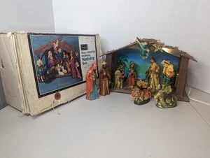 Vintage Sears 15pc Lighted Music Box Nativity Set Paper Mache Japan W/Box - Picture 1 of 14