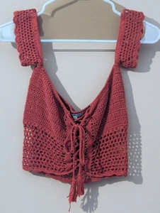 Blusa roja de ganchillo fuera del hombro, talla grande para mujer tejida con corbata delantera - Imagen 1 de 2