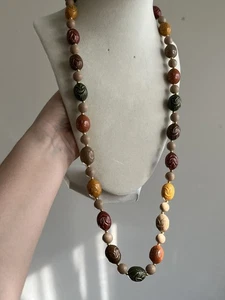 VTG Plastic Bead Necklace Multicolor Knotted Texture Earth Tone Beads Tribal - Picture 1 of 6