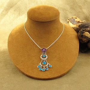 Sterling Silver Blue Lab Opal and Purple Faceted Cluster Necklace 16" - Picture 1 of 7