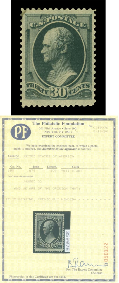 US 1879  Hamilton  30c black  Scott # 190  mint MLH  VF-XF w/Cert. - Image 1 of 4