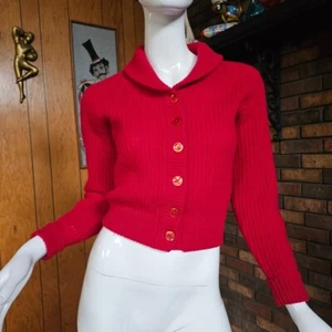 Vtg 50s Shetland Wool Knit Cranberry Cropped Pinup Shawl Cardigan Sweater S/M - Picture 1 of 7