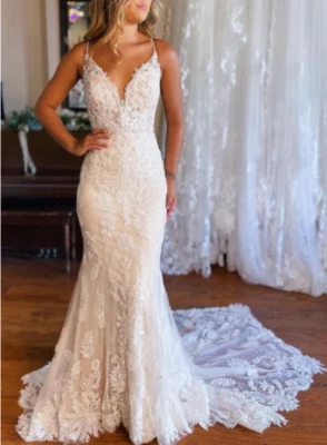 Sexy Sirena Vestidos de Novia Correas de Espagueti Cuello en V Apliques Vestidos de Novia Tren Foto 1 de 4