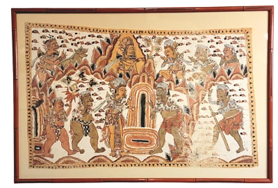 Pintura de tela textil balinesa vintage marco Kamasan Mahabarata bambú rojo Foto 1 de 4