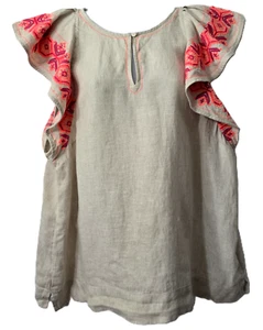 J Crew Embroidered Linen Top XL Shirt Keyhole Tank Flutter Sleeve Natural Pink - Picture 1 of 8