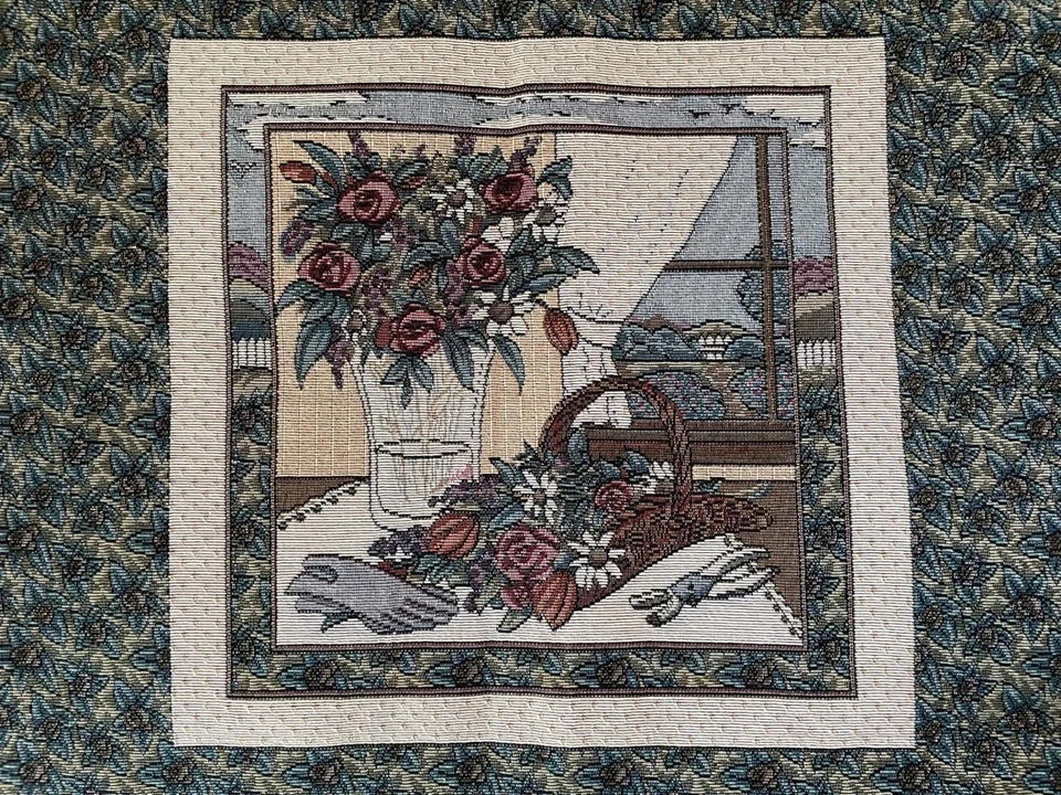 FOUR Woven Tapestry Pillow Panels FABRIC~17x22~garden flowers basket scene~SEE! - Image 1 of 1