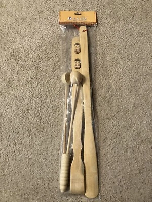 3 pc Bamboo Set: 13" Massage Hammer; 18" Back Scratcher w/ Rollers; 19" Shoehorn - Image 1 of 4
