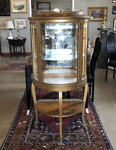 Turn of the Century French Hand Painted Vernis Martin Demilune Curio Cabinet 