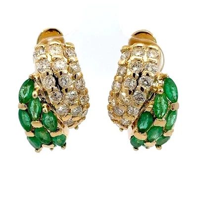14K Yellow Gold Marquise Emerald and Round Diamond Lever Back Earrings - Image 1 of 4