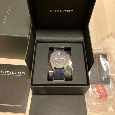 Auténtico reloj para hombres hamilton caqui aviación pionero azul marino caja automática belleza Foto 1 de 4
