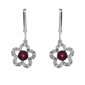 Natural Ruby and Diamond Flower Leverback Earrings in 14k White Gold - Picture 1 of 3