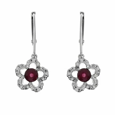 Natural Ruby and Diamond Flower Leverback Earrings in 14k White Gold - Image 1 of 3
