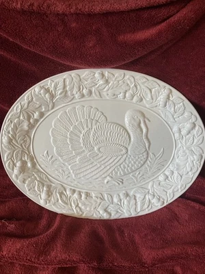 William Sonoma Oval Serving Platter Embossed Turkey Design 18" X 14" Ceramic - Image 1 of 4