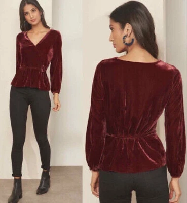Blusa J.CREW Imitación Envolvente Talla 4 Borgoña Drapey Terciopelo Corbata Cinturón Peplum $98 Ret Foto 1 de 4