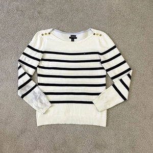 Tommy Hilfiger Womens White Striped Round Neck Knit Cotton Jumper Medium - Picture 1 of 3