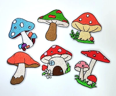 6 Embroidered Mushroom Patches Iron On or Sew On for Jackets, Jeans, Backpacks - Image 1 of 4