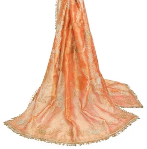 Sushila Vintage Gold Orange Heavy Dupatta Art Tissue Zari Sequins Work LongStole - Picture 1 of 11