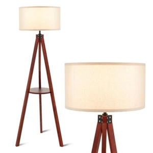 Modern Mid Century Standing Lamp Wood Floor Lamp Living Room With Round Shelf - Picture 1 of 10
