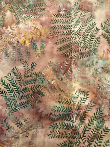 "Ferns" Hand Dyed/BATIK 100% Cotton Fabric Green Mauve Rose Pink Orange 1/2 YD - Picture 1 of 9