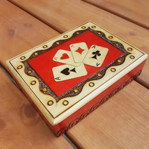 WOODEN DOUBLE PLAYING CARDS BOX IN RED COLOUR