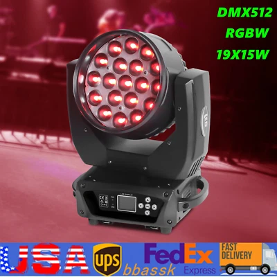RGBW 19x15W Zoom Moving Head Stage Light LED DMX512 Wash Light Wedding DJs Party - Image 1 of 4