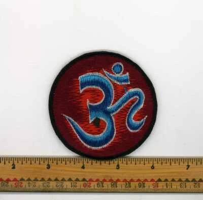 Hand Embroidered Blue & Burnt Red Om Patch Fair Trade Nepal 3" Round - Image 1 of 4